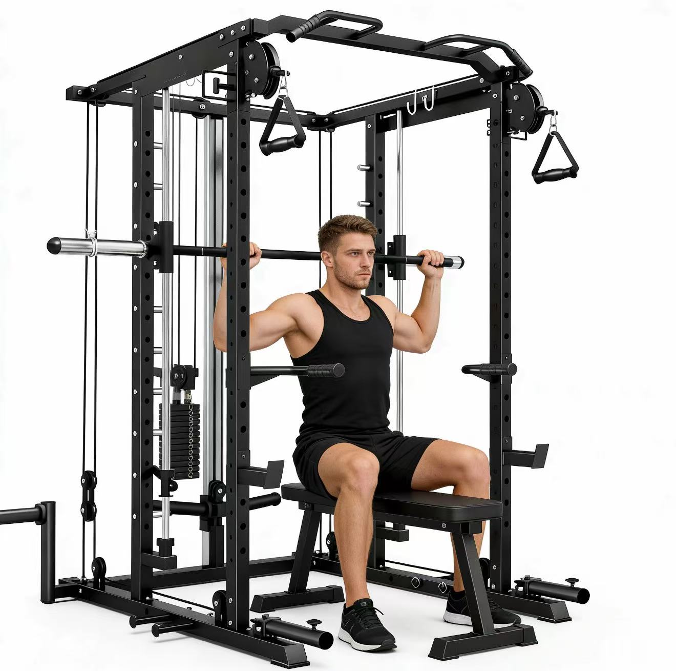 Smith Machine, 2All-in-One Squat Rack with Smith Bar, Workout Cage Strength Training Equipment with Attachments