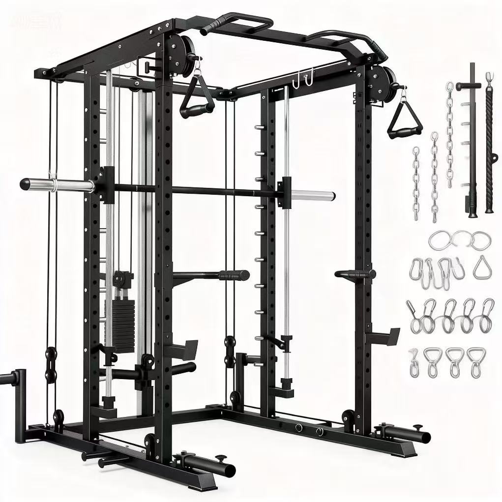 Smith Machine, 2All-in-One Squat Rack with Smith Bar, Workout Cage Strength Training Equipment with Attachments